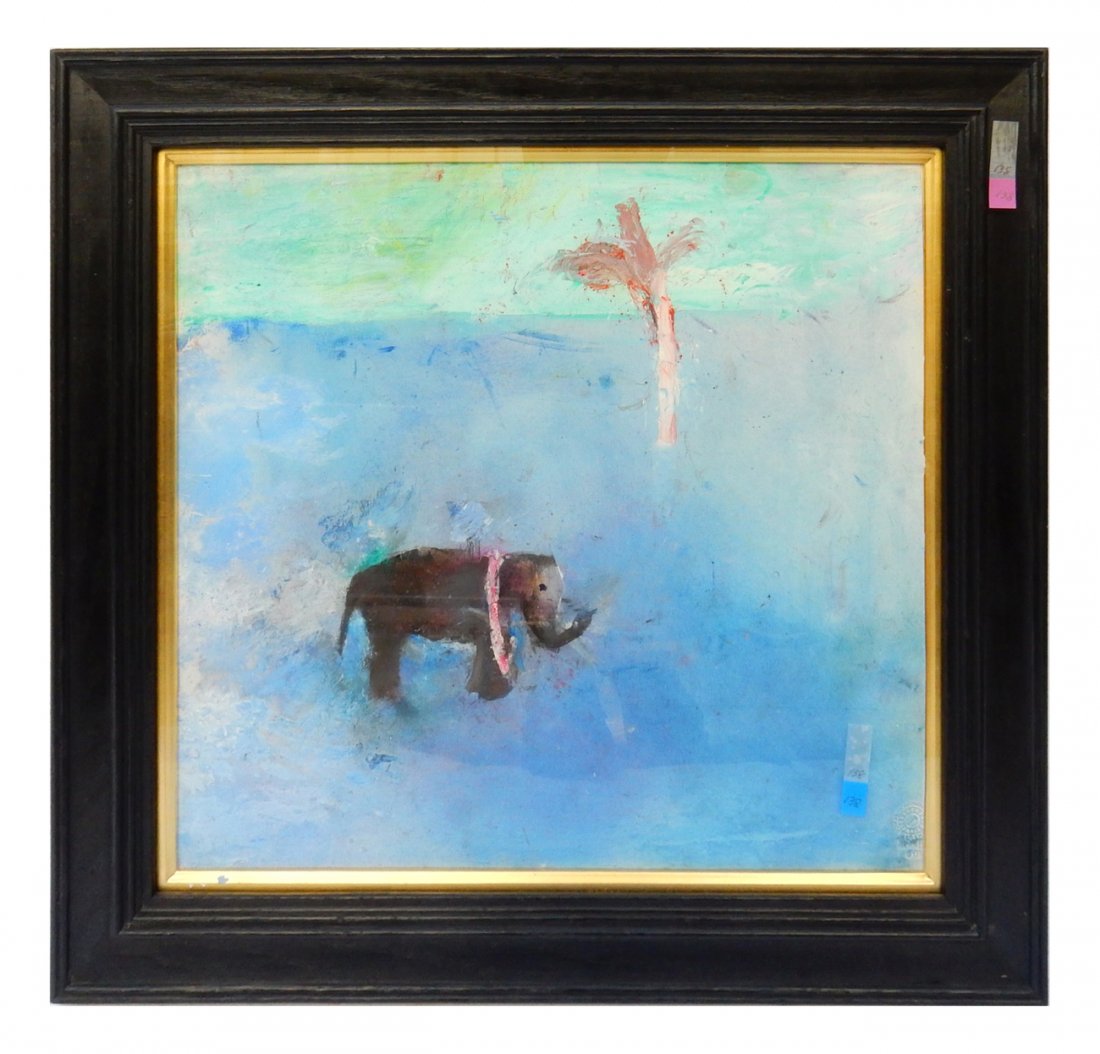 Anthony Fry, "Elephant Dawn": Anthony Fry, "Elephant Dawn" - oil and pigment on paper. Elephant in landscape. Seal in lower right. [Art: 14 1/2" x 13 5/8"; Frame: 19" x 18"]. Some flaking to surface paint; otherwise good condition