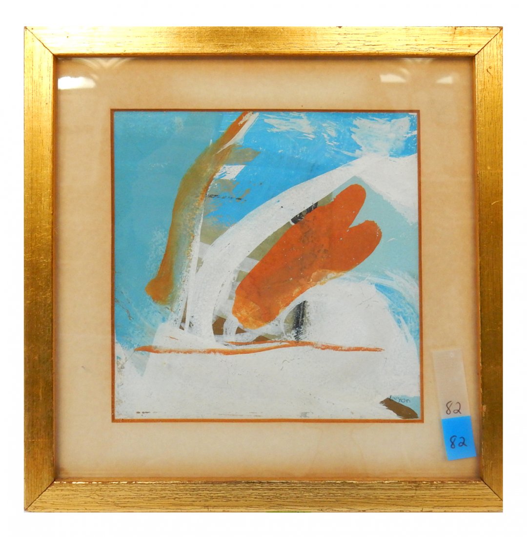 Peter Lanyon, Abstract Gouache on Paper: Abstract image featuring primarily blue, white, and orange forms. Signed lower right. [Art: 4 7/8" x 4 /8"; Frame: 7 3/4" x 7 3/4"]. Minor scuffs and scratches to surface paint.