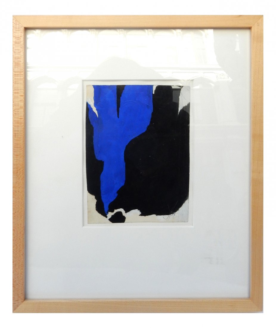 Jack Youngerman Abstract, Oil on Paper: Abstract study: blue and black. Signed lower right. [Art: 4 1/4" x 6"; Frame: 10 5/8" x 12 5/8"]. Some crease marks, overall good condition.