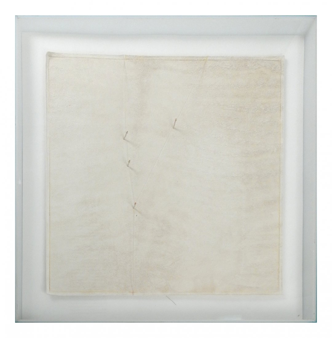 Sam Richardson, "Division in a Dessert": Mixed media including string suspended over a canvas tied to wooden pegs. Under plexiglass. Signed on verso. [Art: 14" x 14"; Frame: 17 1/8" x 17 1/8"]. In overall good condition.