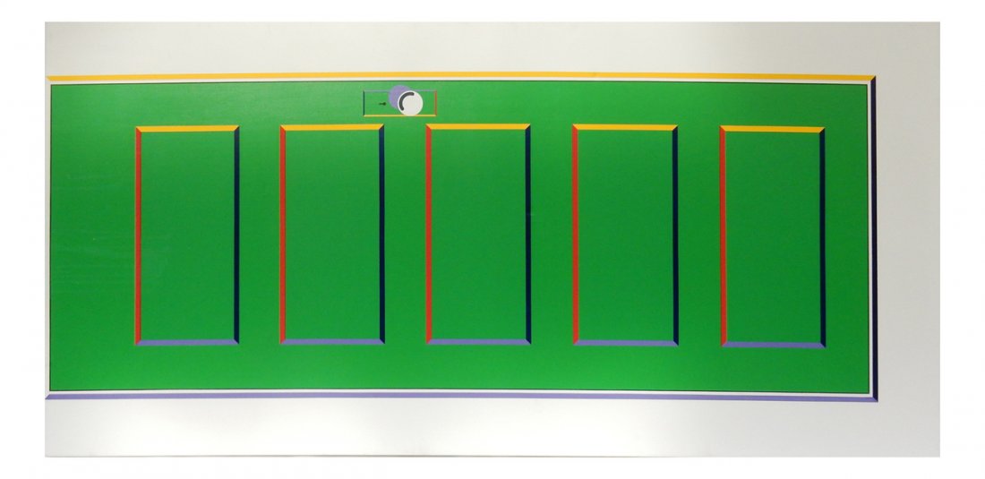 Masashi Matsumoto, Green Door: Large contemporary painting of a green door against white background. Unframed. Signed and dated "1977". [Art: 42" x 86"]. Minor scuffs to paint, faint soiling marks and stains at bottom center.