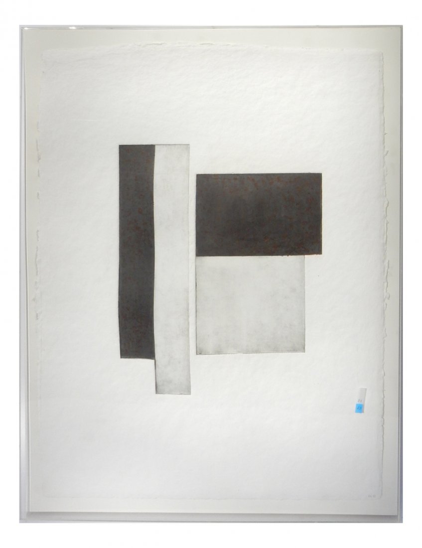 Geometrical Abstract, Mixed Media: Signed and dated "DL '92" bottom right. Gray and black rectangular subject matter. Framed under plexiglass. [Art: 24 1/2" x 32"; Frame: 27" x 35"]. In overall good condition.