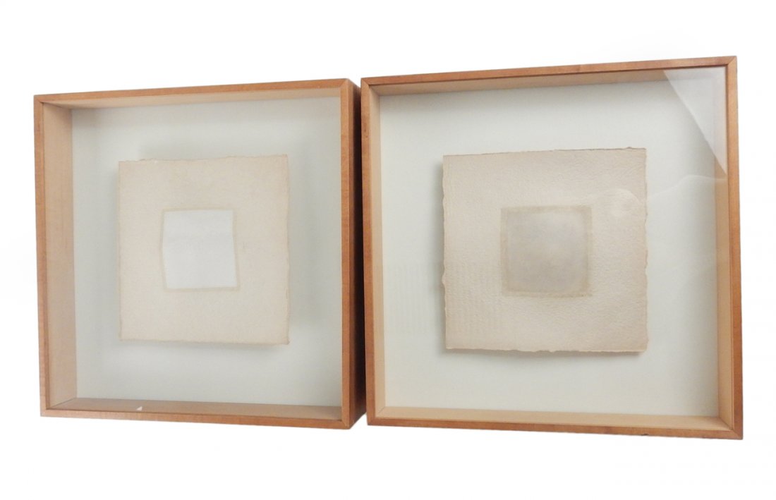 Sam Richardson, Pair of Watercolors: "Sierra Snow" and "A Knoll in November". Pair of three-dimensional square minimalist pieces, one mostly white, the other mostly gray. Watercolor and gouache on artisanal paper. [Art: 7" x 7"; Frame: 1