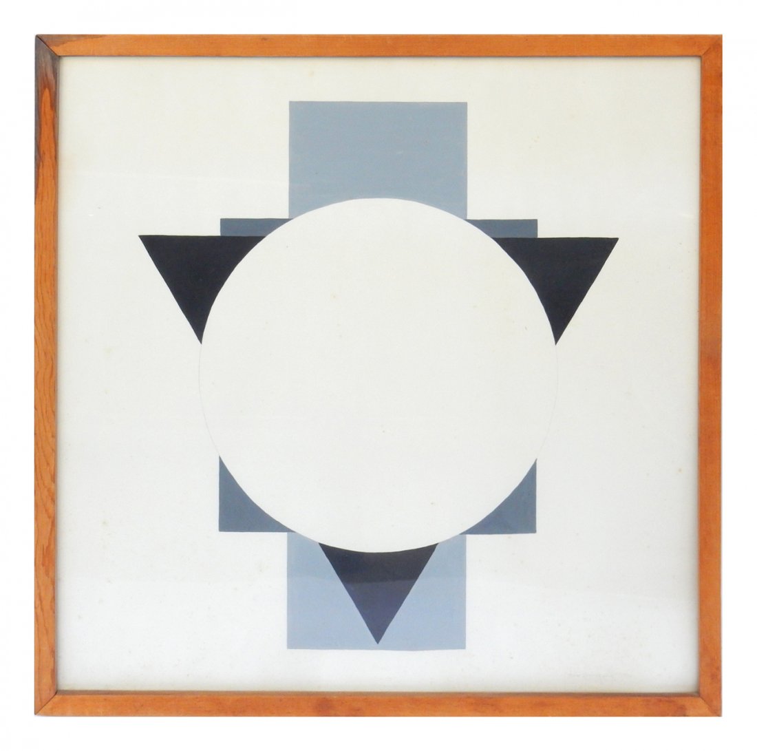 John Goodger, Geometrical Abstract: Gouache on paper, featuring circle, triangle, and rectangular shapes resembling a symbol. Signed lower right. [Art:21 1/2" x 21 1/2"; Frame: 23" x 23"]. Foxing, slight soiling and toning.