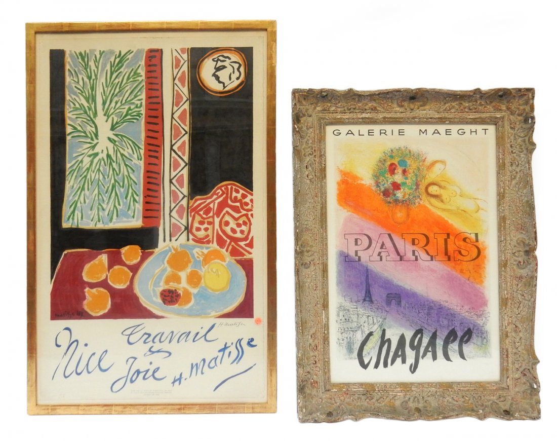 Two Vintage French Exhibition Posters: Chagall and Matisse posters: Chagall poster for "Galerie Maeght, Paris", Champs Elysee view, and Eiffel Tower. [Art: 18 1/4" x 27 1/2"; Frame: 25 1/2" x 34 3/4"]. Matisse poster "Cranial et Joie, Nice