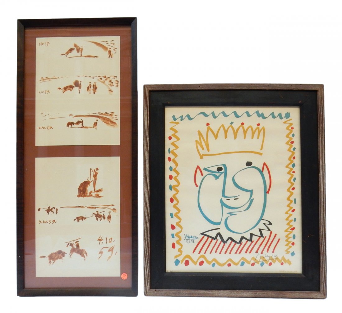 Three Picasso Prints, in Two Frames: One frame contains two Picasso prints depicting images of bullfighting. [Art: 10 1/" x 13 5/8"; Frame: 15" x 34 1/4"]. The other print bears smiling bust-length portrait.