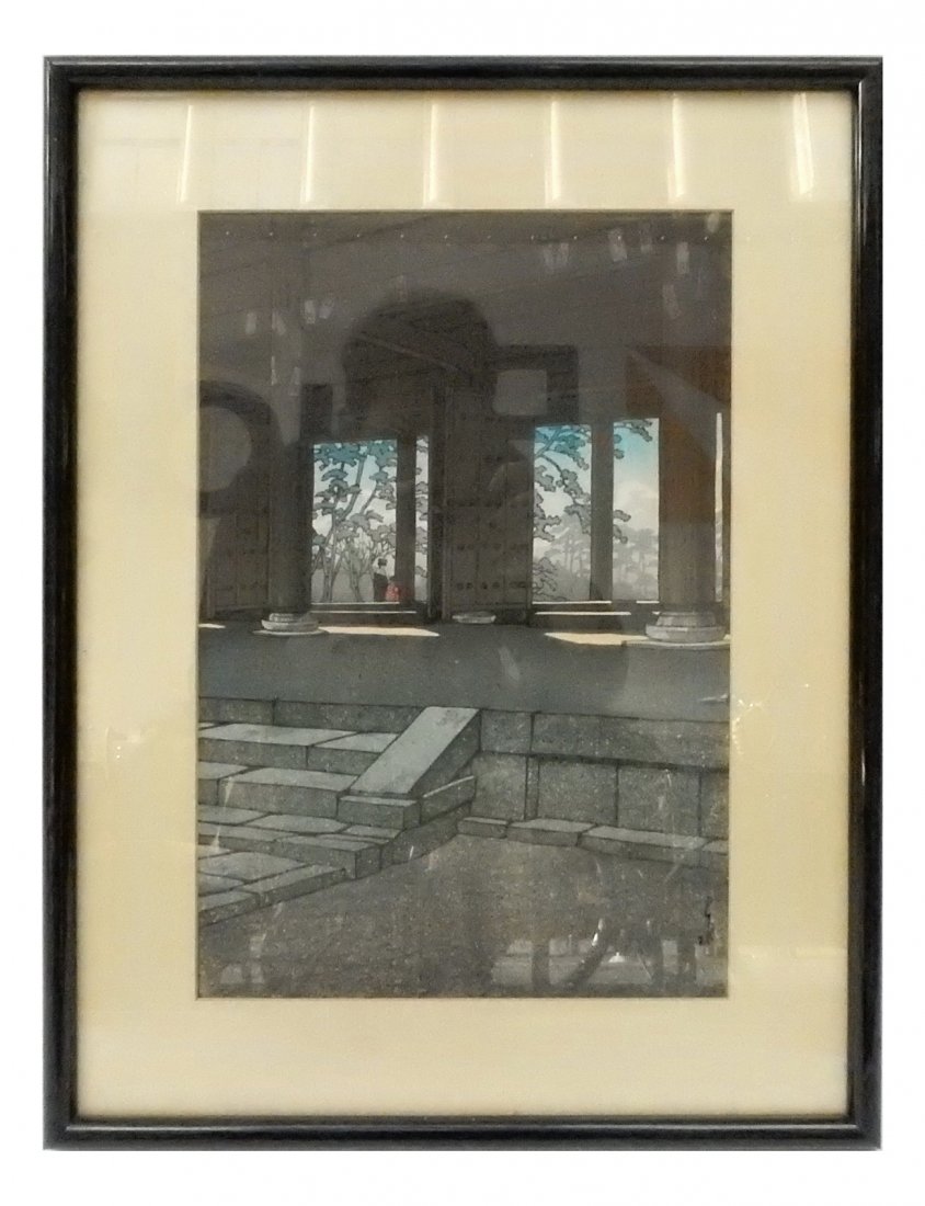 Kawase Hasui (1883-1967), Woodblock: Kawase Hasui (1883-1967). Woodblock print "Chion Temple, Kyoto" dated 1933. [Sight: 14 1/4" H x 9 3/8" W; Frame: 19 3/4" H x 15" W].
