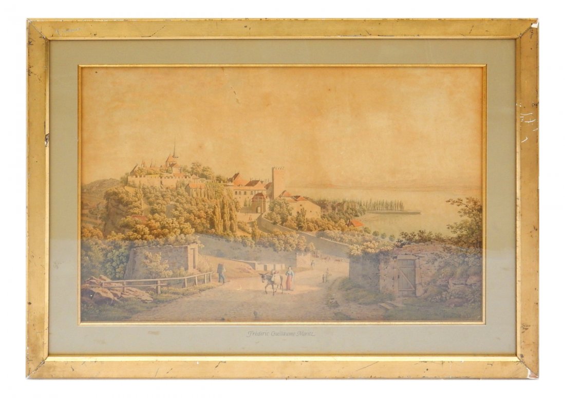 Frederic Guillaume Moritz, Watercolor: Frederic Guillaume Moritz, "View of a Fortified Town". Signed and dated "1822" in lower right. Watercolor. [Art: 11 1/4" H x 17 1/4" W; Frame: 16" H x 22" W]. Toning, foxing, and a two-inch tear.