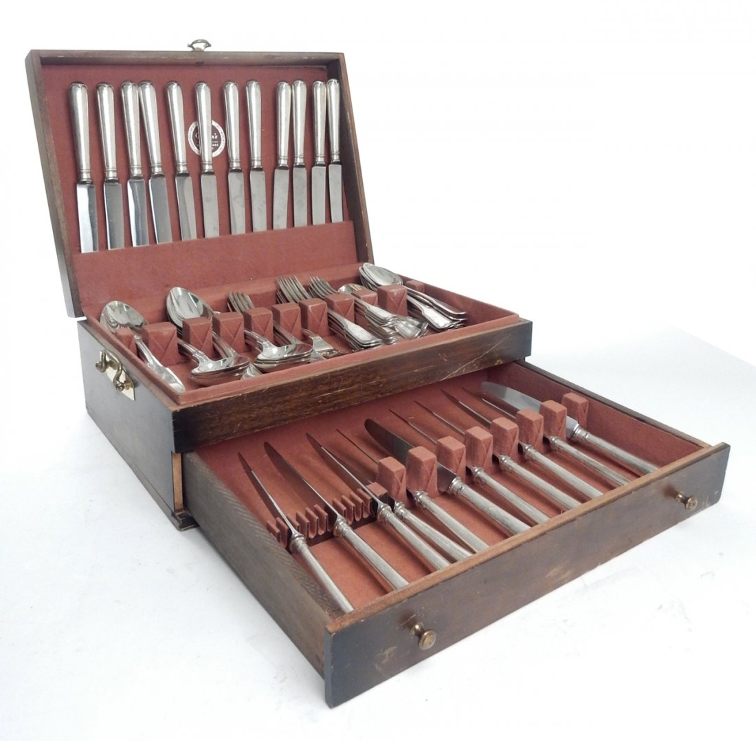 Partial English/Scottish Silver Flatware: Antique fiddle pattern flatware comprising: 11 salad forks (Scottish), 10 dinner forks (English), 4 teaspoons (Scottish), 9 soup spoons (Scottish), 13 cream spoons (Scottish), 11 butter knives (Englis