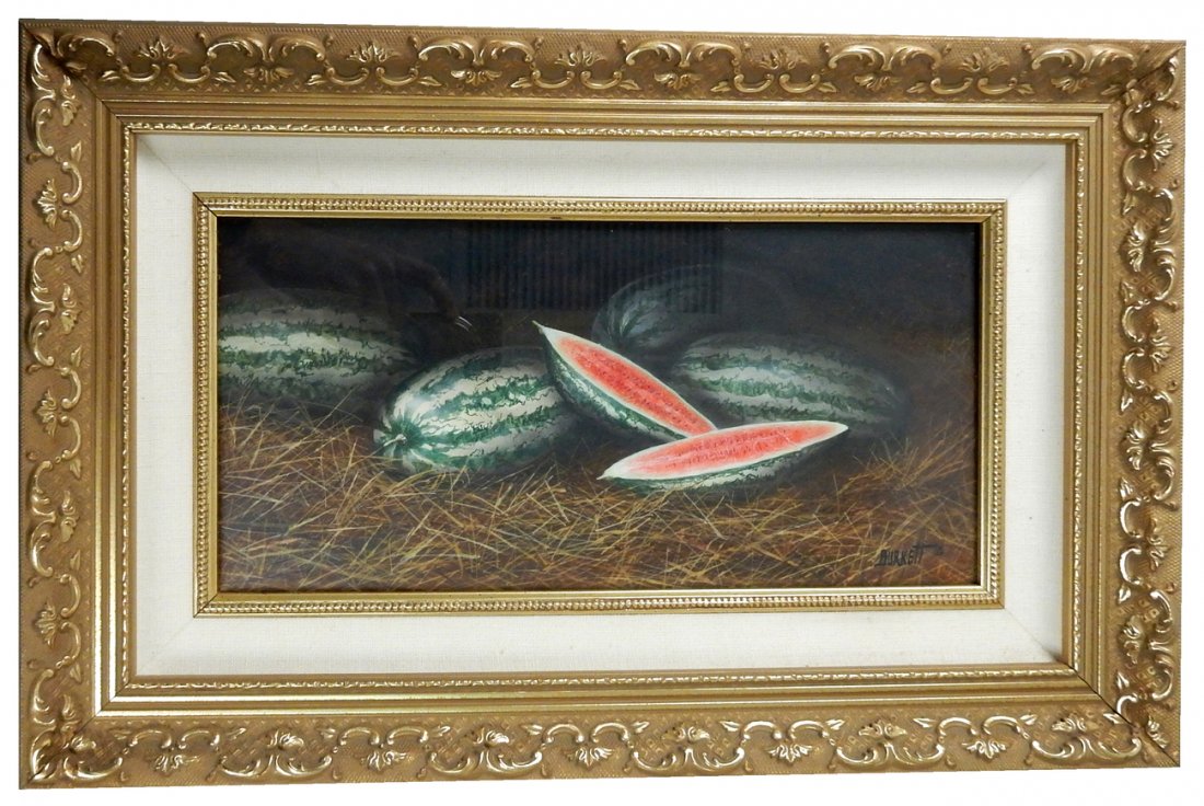 Bill Burkett, Watermelons: "Watermelons", egg tempera on masonite. Signed "Bill Burkett" in lower right. [Art: 5 1/2" H x 11 1/2" W; Frame: 11" H x 17" W]. In good condition.