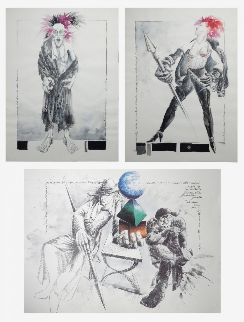 Peter Sykora Costume Designs & A Poster (3pcs): Signed "Peter Sykora" in lower right. Two original pencil and watercolor designs with textile swatches in lower wide margins, for the Berlin Opera, together with a poster [31 1/2" H x 23 1/2" W; 36 1/