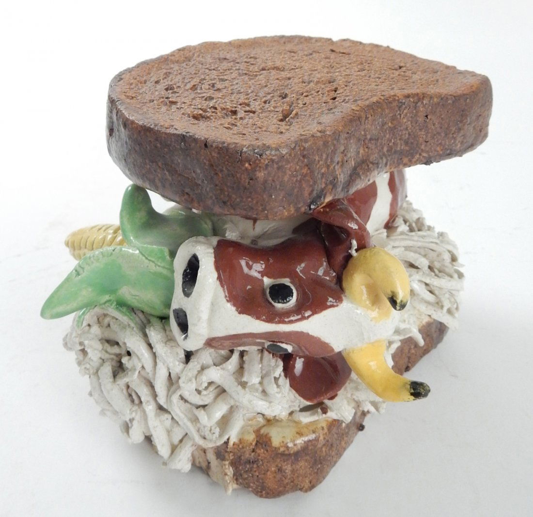 Gilhooly, "Corned Beef on Rye" Sculpture: David James Gilhooly ceramic sculpture. Signed "Gilhooly '81" under top slice of rye bread. Glazed ceramic sculpture. [5 1/2" L x 4 1/2" W x 4" H]. In good condition.
