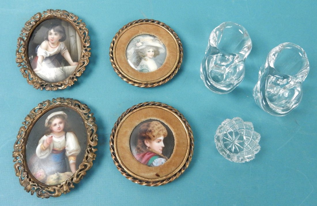 2 Portrait Miniatures, 3 Crystal Salt Cellars: Comprises: Two portrait miniatures [3 1/4"Ddia], two porcelain miniatures of children with bronze frames [4" x 3 1/2" oval], two crystal salts [3 1/2" W], one small crystal salt [1 3/4" Dia]. In good 