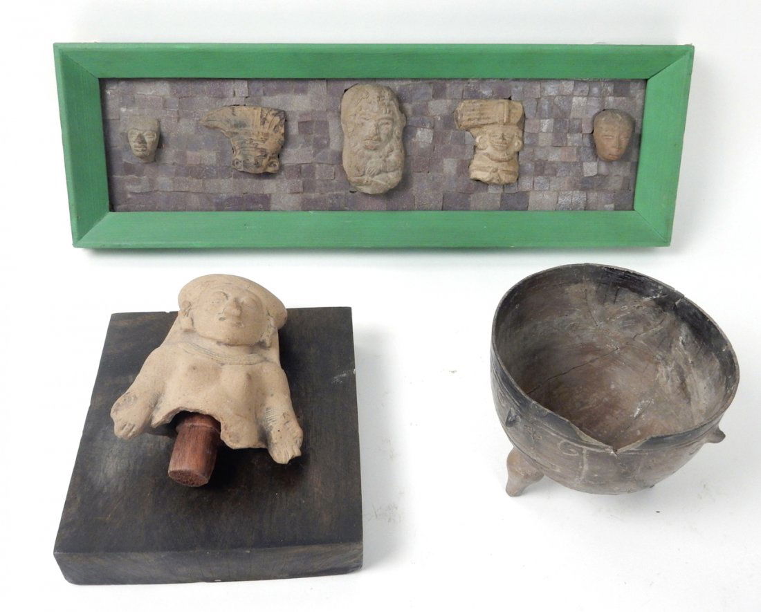 Pre-Columbian Earthenware Replicas: Replicas comprising pre-columbian earthenware pot, sculpture with wood base and mounted trees with glass tiles. [Frame: 16 1/2" L x 5 1/2" W]. Sold "as is".
