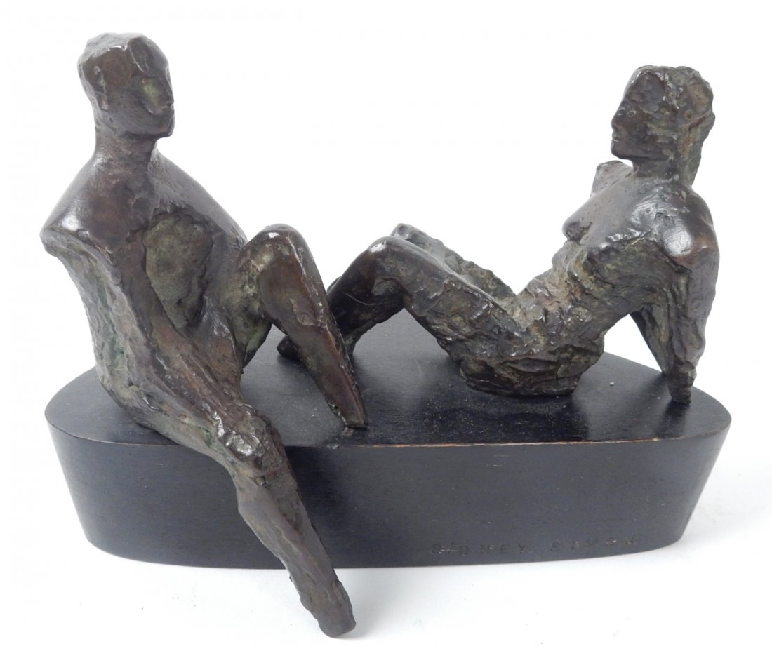 Sidney Simon, Figural Bronze Sculpture: Bronze sculpture with two figures mounted on an ebonized wood base. [8" L x 5" W x 6" H]. In good condition.