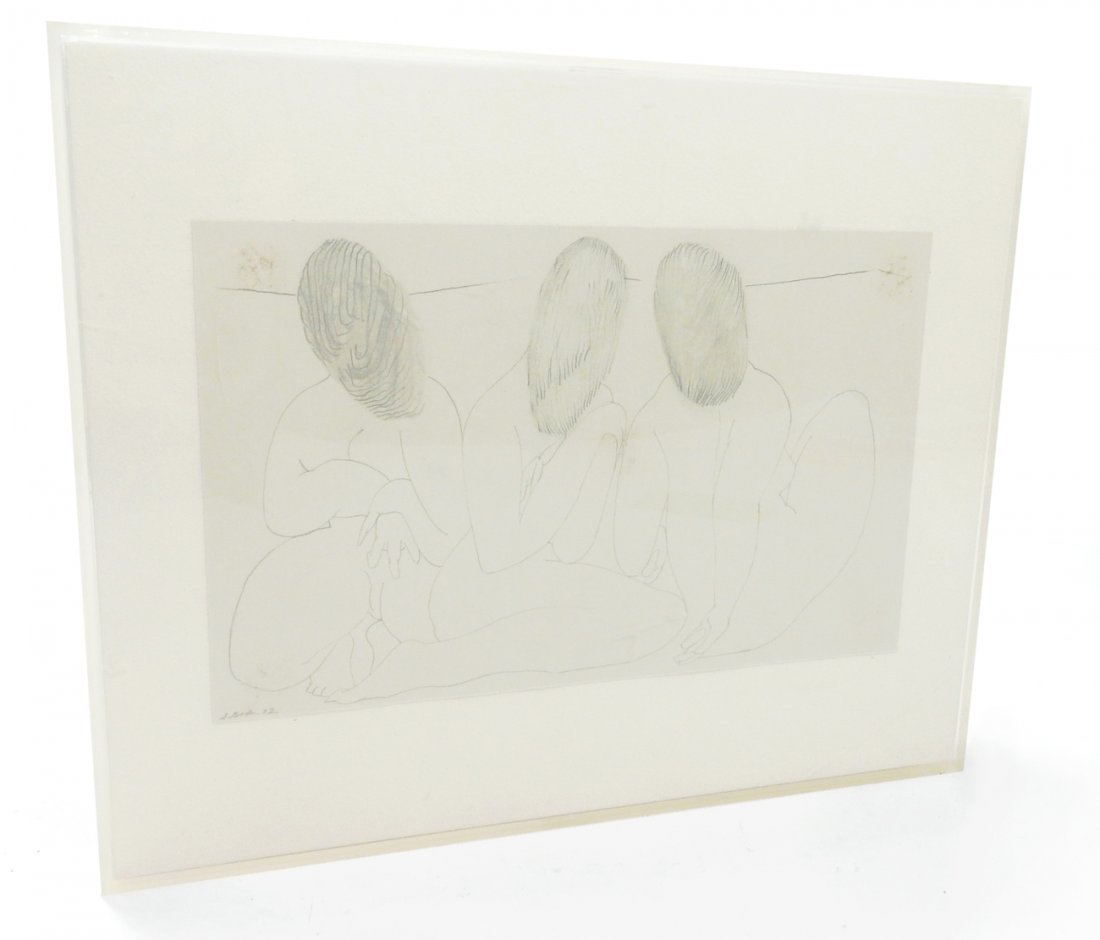 Stanley Boxer, "Three Nudes": "Three Nude Women" pencil drawing. Signed "S. Boxer 72" in lower left. [Art: 5" H x 7 7/8" W; Frame: 8 1/4" x 10 1/4"]. Adhesive stains from verso.