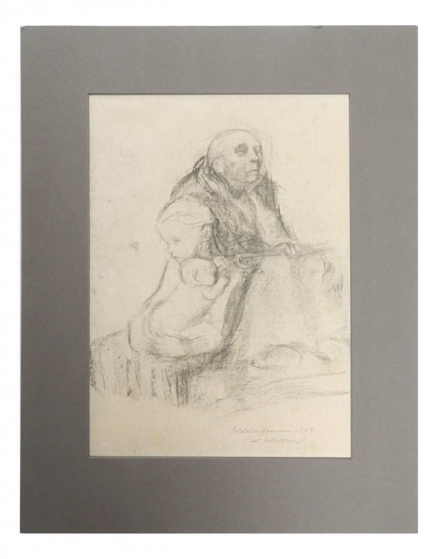 Kathe Kollwitz, Stages of Life: Depicts baby being held by a girl leaning on an elderly woman. Image inscribed and signed at lower right "...1943/K. Kollwitz". [Art: 13 1/4" x 19 1/2"; Mat: 18 1/2" x 14 1/2"]. Toning and smudges.