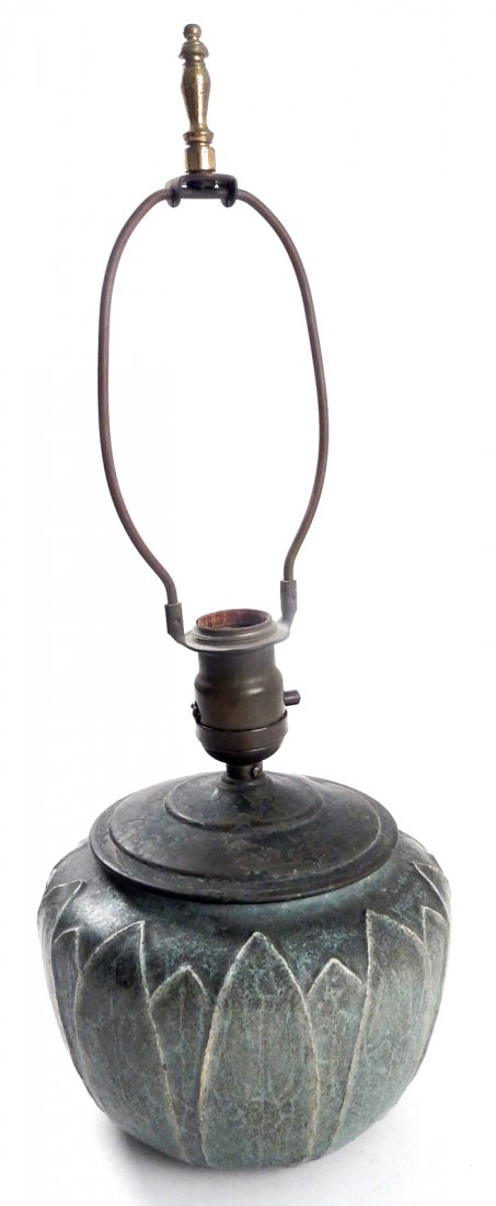 Grueby Pottery Lamp: Matte green glaze bowl with overlapping broad leaf design. Bears circular metal fitting for mounting as lamp. Bottom bears circular Grueby faience/Boston stamp and paper label. [Pottery: 6 5/8" Dia x