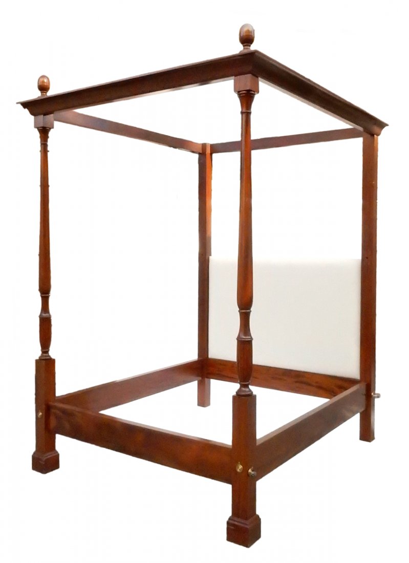 Contemporary Mahogany Four-Poster Bed: Features turned supports with fluted accents and two acorn finials at front. [70" W x 85" D x 109" H]. Scuffs and scratches.