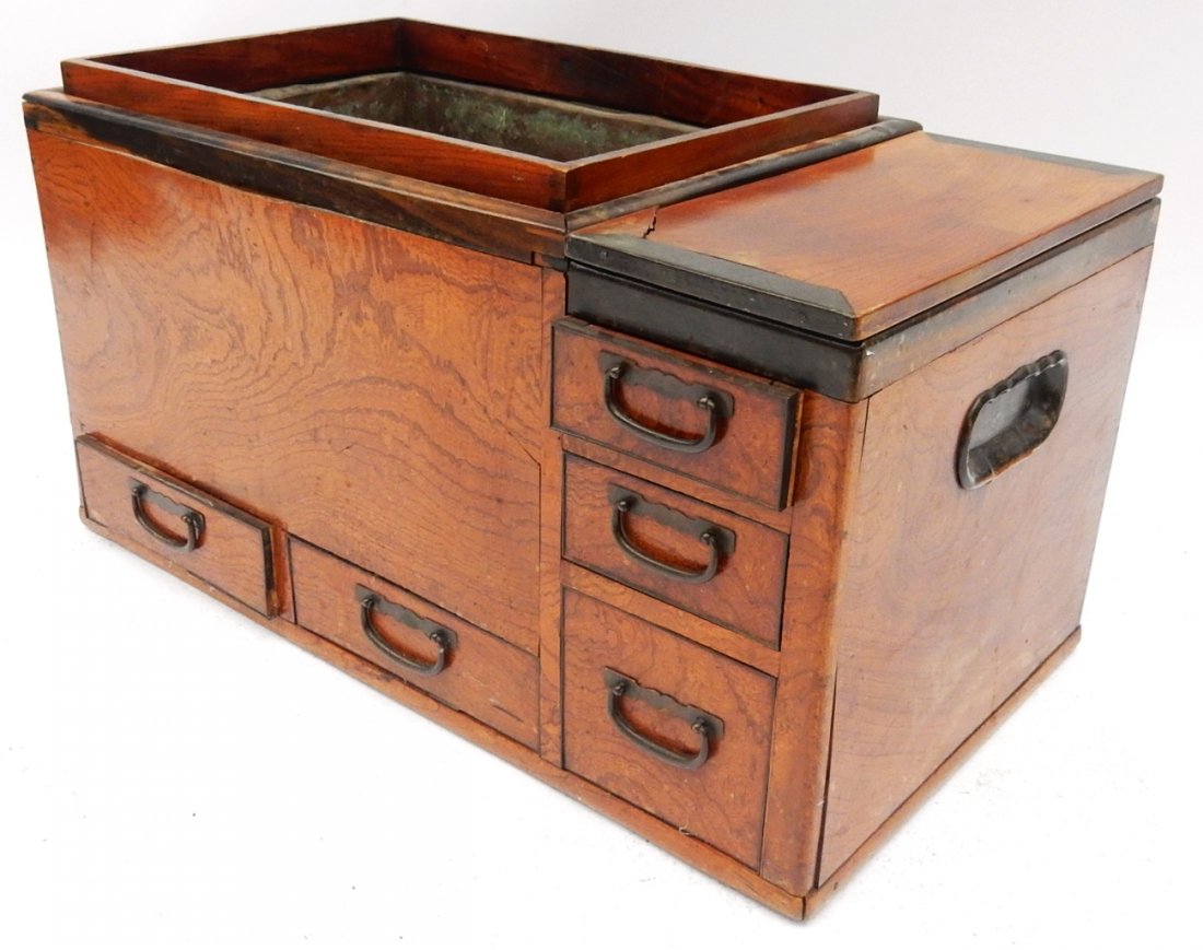 19th C. Japanese Ice Box: Featuring five drawers for possible food preparation. [28 3/8" W x 15 1/4" D x 15 1/4" H]. Missing lid. Wood warped in front.