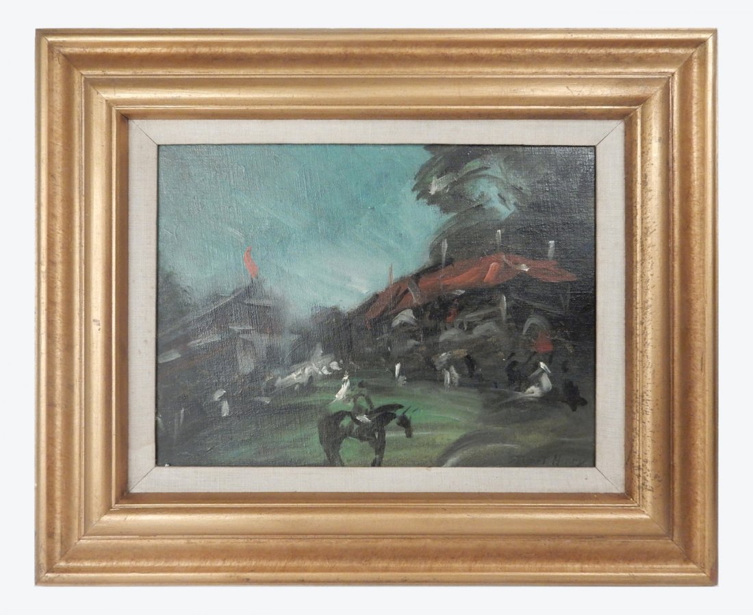 Stuart Henry, Oil on Canvas: Oil on canvas depicting a horseback rider in slightly abstract town. Signed lower right. [Art: 15 1/4" W x 11 1/2"; Frame: 23 1/2" W x 19 1/2" H]. In overall good condition.