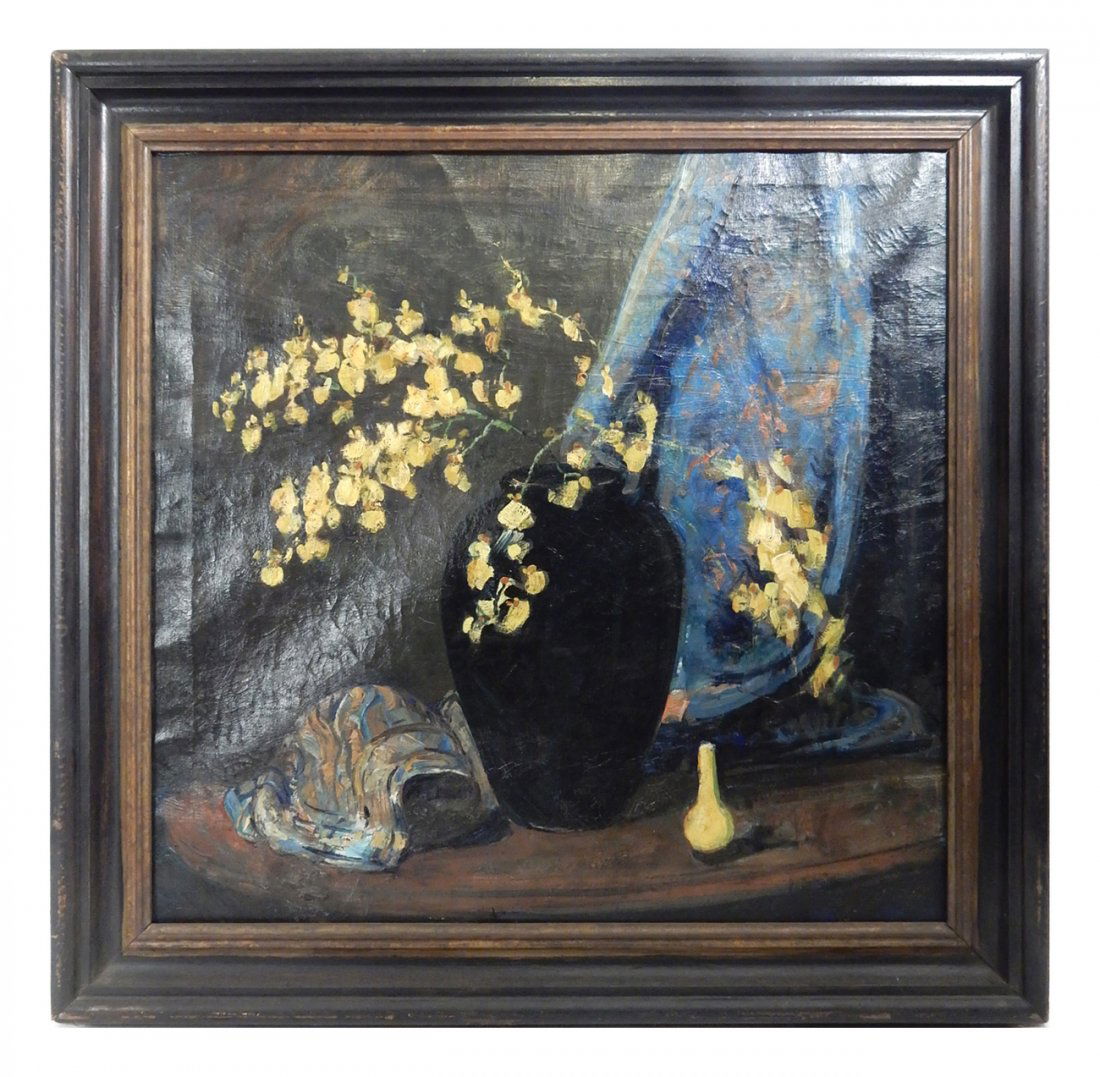 Attributed to Russell Cheney, Oil on Canvas: Still life depicting orchids, small vase, etc. [Sight: 25 1/2" x 26" W; Frame: 33 " H x 33" W]. Canvas needs to be restretched. Crackelure throughout. Repair, upper left quadrant. Stretcher impression