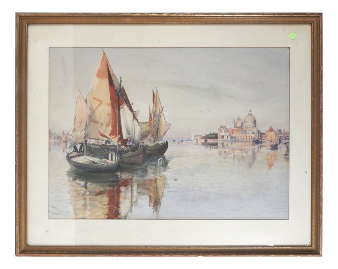 J. Wesley Little, Watercolor - "Venice": J.W. Little (American, 1867-1923). View of Basilica di Santa Maria della Salute. Signed bottom left. [Sight: 18 1/4" x 25"; Frame: 25 3/4" x 31 3/4"]. Stains, toning; laid down to card.
