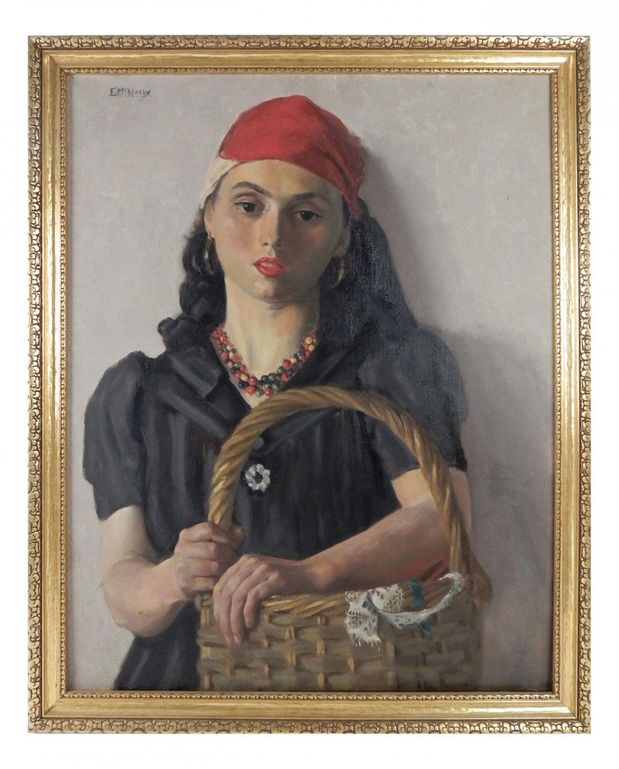 Eithne McNally, Portrait of a Woman: Eithne McNally (1910 - 1996). Oil on canvas of a woman wearing a kerchief and carrying a basket. Signed upper left. [Sight: 27 3/4" H x 21 3/4" W; Frame: 30 5/8" H x 24 5/8" W]. Pinholes in the corner