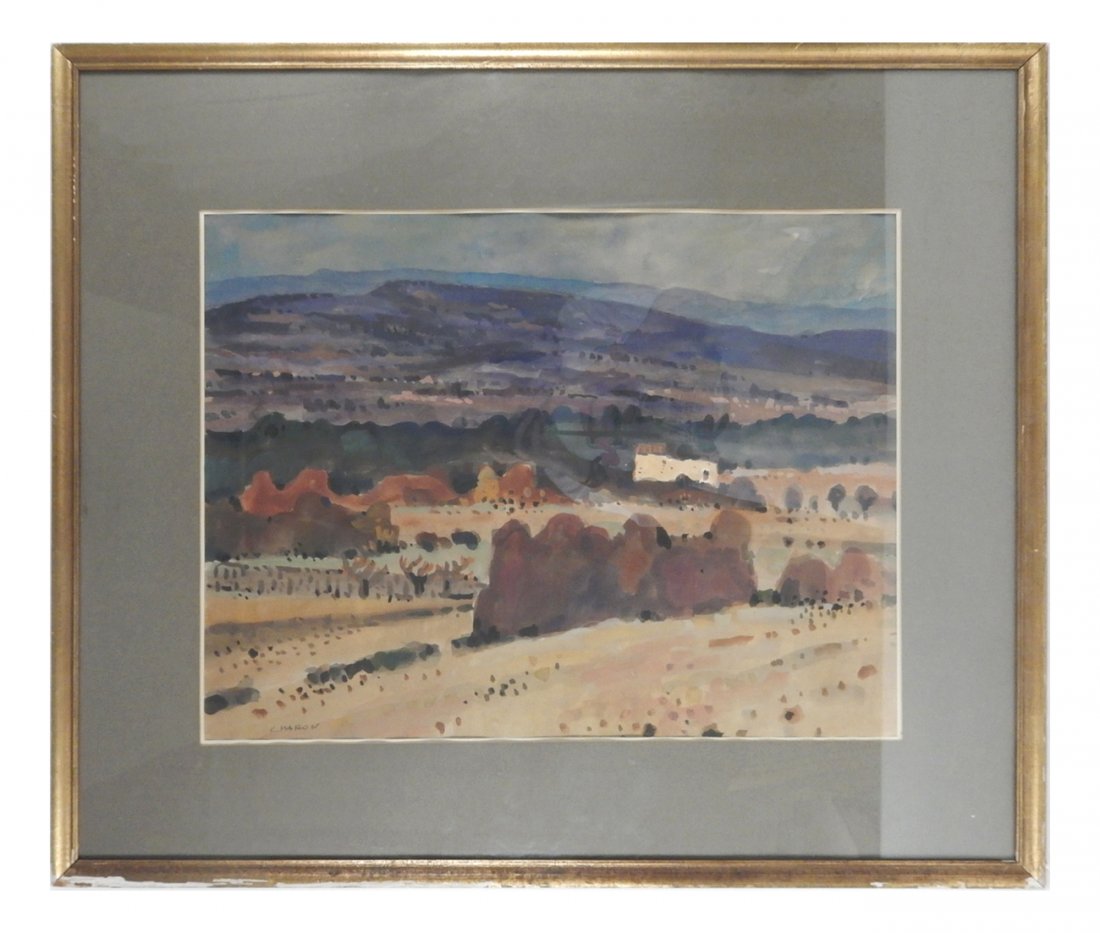 Guy Charon - Landscape: Gouche and watercolor on paper Impressionist landscape of farmland and low rolling hills. Signed lower left. [Sight: 17 1/2" H x 23 1/2"; Frame: 28 1/4" H x 33 1/8" W]. Toning, slightly cockled.