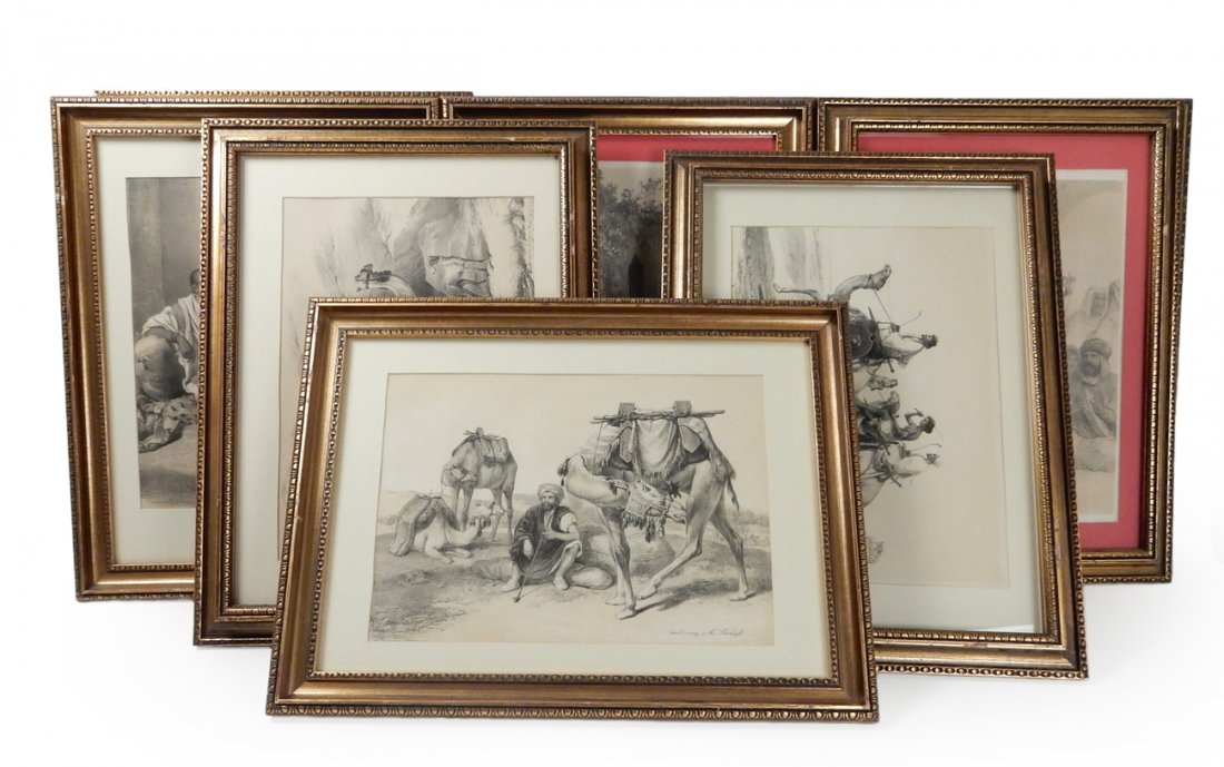 Lot of 9 Moroccan Theme Collotype Prints: Group of nine Moroccan theme collotype prints. Figures and camels. [10" W x 14" H]. Framed and matted [15 1/4" W x 20 1/4" H]. Overall age toning.
