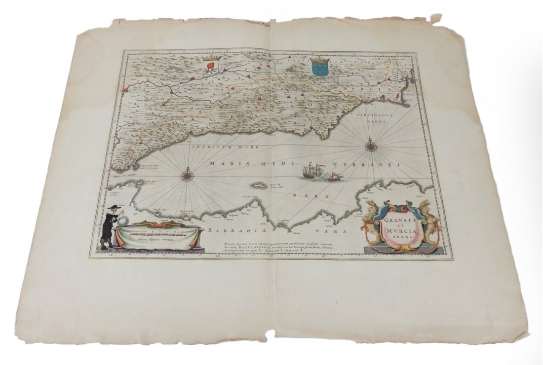 Blaeu (J&W) Map - "Granata et Murcia...": "Granata et Murcia Regna". Engraved and hand-colored map on laid paper of the coast of Granada with decorative cartouche, ships at battle, and navigator with compass and globe. Amsterdam c.1650. [Map:
