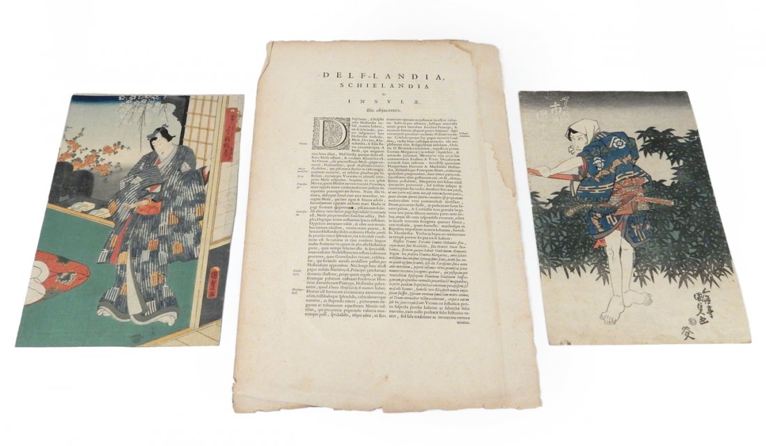 Two Japanese Woodblock Prints, Other: Each depicts a male figure in traditional costume with blade weapons. Both bear printed inscriptions. [Each: 14" x 9 1/2"]. Accompanied by an antique Dutch text page describing the people and environs