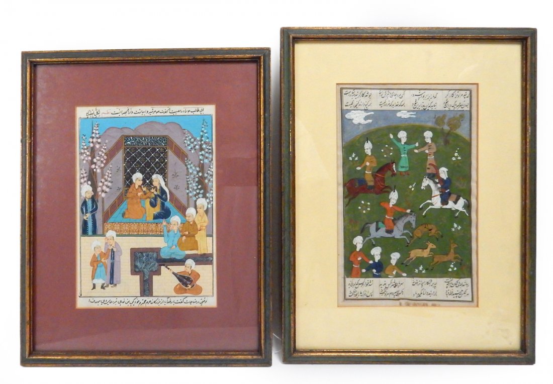 Pair of Islamic Scenes, Gouache on Paper: Hunting scene and music/prayer scene. Both flanked by Arabic script. [Sight (Hunting scene): 9 1/2" H x 6" W; Frame: 14 1/4" H x 10 3/4" W]. Toning, cockling, minor imperfections.