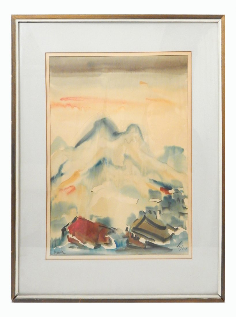 Mordechai Avniel, Landscape w/ Buildings: Watercolor, abstract landscape with mountains in background. Signed bottom right "Avniel" in Hebrew. Matted and framed under glass. [Sight: 19 1/4" x 13 1/4"; Frame: 27 1/2" x 20 7/8"]. Toning and fox