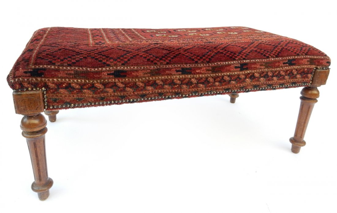 Antique Kilim Upholstered Ottoman Bench: Oak frame ottoman with wood kilim upholstery. [39 1/4" W x 21 1/8" D x 17" H]. Some wear and light soiling.