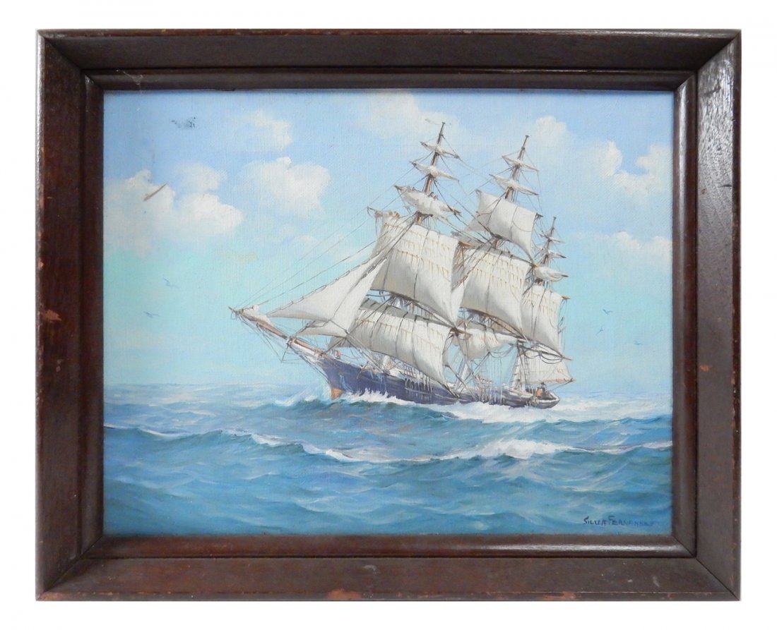 Silva Fernandez, Ship at Sea: Oil on canvas. Large sailing ship flanked by birds. Signed bottom right. [Sight: 9 3/4" H x 12 1/2" W; Frame: 11 7/8" H x 14 7/8" W]. Surface grime, soiling upper left.