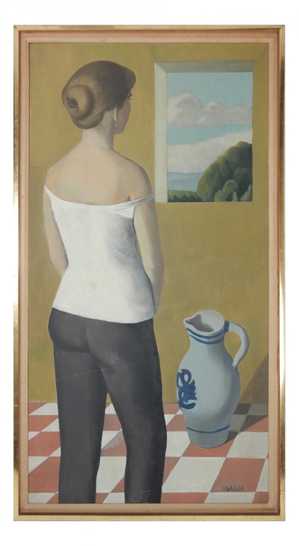 Jean-Claude Stehli, Woman in Thought: Oil on canvas. Depicting young woman staring out an open window. Signed lower right. [Sight: 52 3/4" H x 27 1/4" W; Frame: 55 3/4" H x 30 1/2" W]. Previously repaired. Scratches and abrasions, nicks a