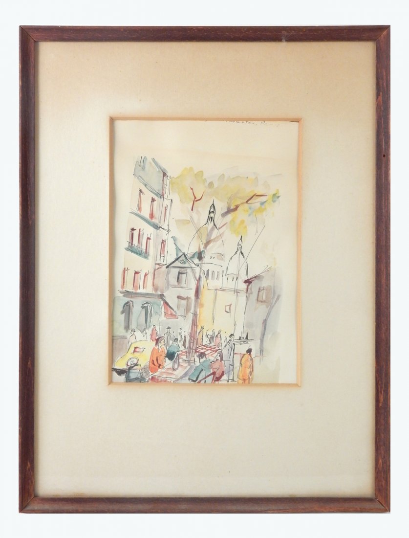 Horvath, Paris Scene with Sacre Coeur: Watercolor on paper, obstructed by mat. [Sight: 9" H x 6 1/4" W; Frame: 16 1/2" H x 12 1/2" W]. Toning, mat burn.