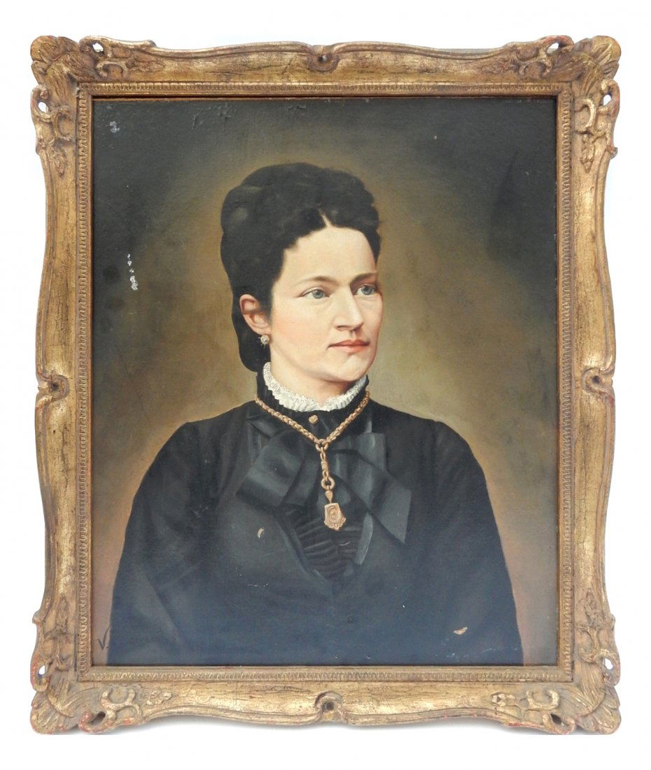 Victor Dubreuil, 19th Century Portrait: Victor Dubreuil, 19th century portrait of a lady. Oil on board. Woman bearing a prominent necklace. Signed lower left. [Sight: 23 1/2" H x 19 5/8" W; Frame: 27 1/2" H x 23 3/8" W]. Losses to surface p