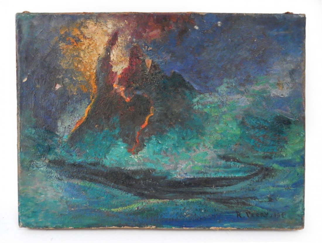 R. Perry Abstract, Oil on Canvas: Signed lower right. Unframed. [Art: 12" H x 16" W]. Chips to surface paint upper left. Surface grime.