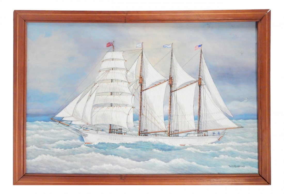 W.B. Rebedee, Ship at Sea, Oil on Board.: Sailing ship flying an Australian Red Ensign and U.S flag, signed bottom right. [Sight: 23 1/4'' H x 35'' W; Frame 26 3/4'' H x 38 1/4'' W]. Surface grime, minor imperfections.