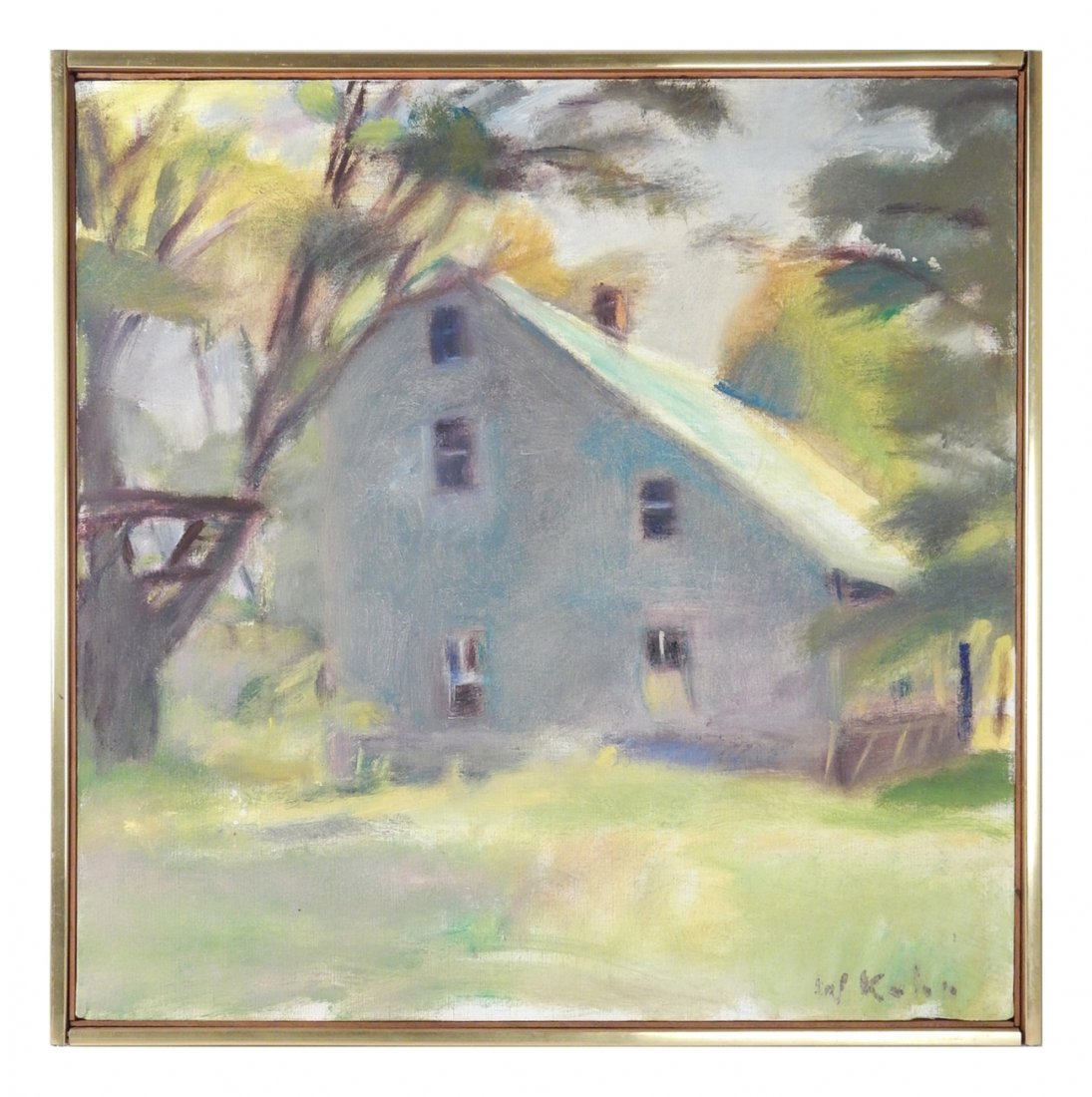 Wolf Kahn, "The Saltbox", Oil on Canvas: Impressionist-style landscape with house. Signed bottom right "W. Kahn". [Sight: 20" H x 20" W; Frame: 21 1/8" H x 21 1/8" W]. Titled on top stretcher bar and inscribed verso "#75 1974". In good condi