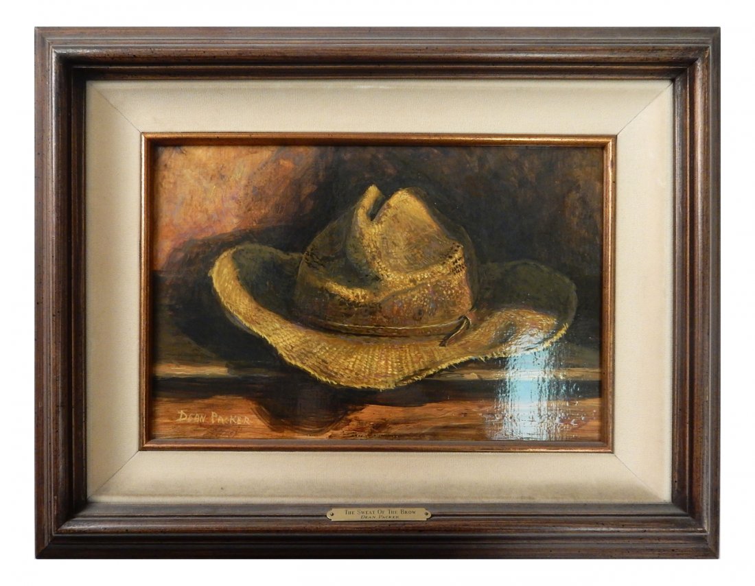 Dean Packer, "The Sweat of the Brow": "The Sweat of the Brow", 20th century painting, oil on masonite. Signed "Dean Parker" in lower left. [Art: 8" H x 12" W; Frame: 14" H x 18" W].