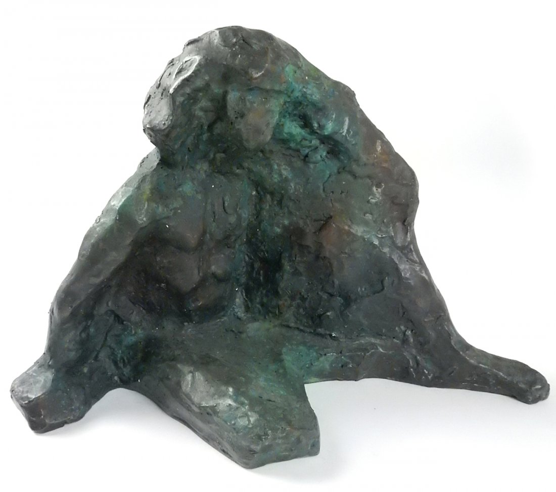 Abstract Bronze Figure: Abstract bronze figure with green patina. Signed illegibly on back. [11" W x 5 1/2" D x 7 1/2" H]. Good condition. From Martin Parker / Spencertown Art and Antique Company.