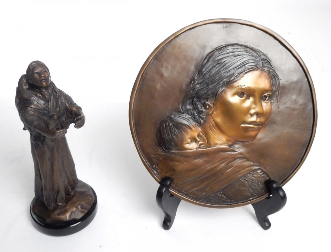 Sacagawea Dollar Obverse Design: Glenna Goodacre, "Sacagawea Dollar Obverse Design", bronze. Inscribed with date and number "2000, 61/200". [7 3/4" Dia.]. Together with 7" bronze statuette of Sacagawea suitable for holding dollar coi