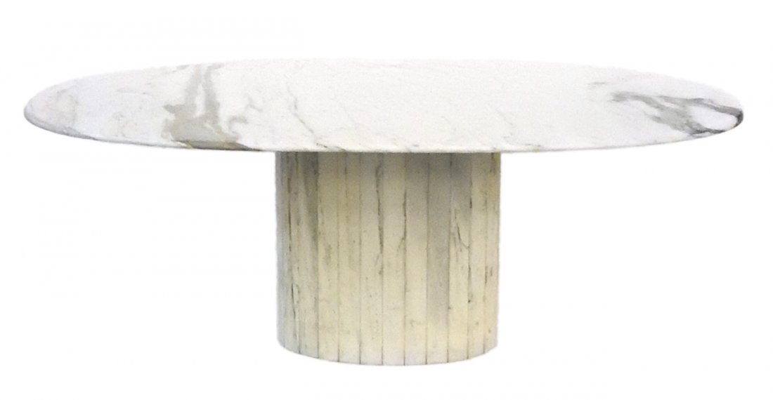 Mid-Century Modern Resin Dining Table: Oval top with faux marble resin dining table with marble panel pedestal base. [79" W x 41 1/2" D x 29 1/2" H]. Scratches and scuffs.