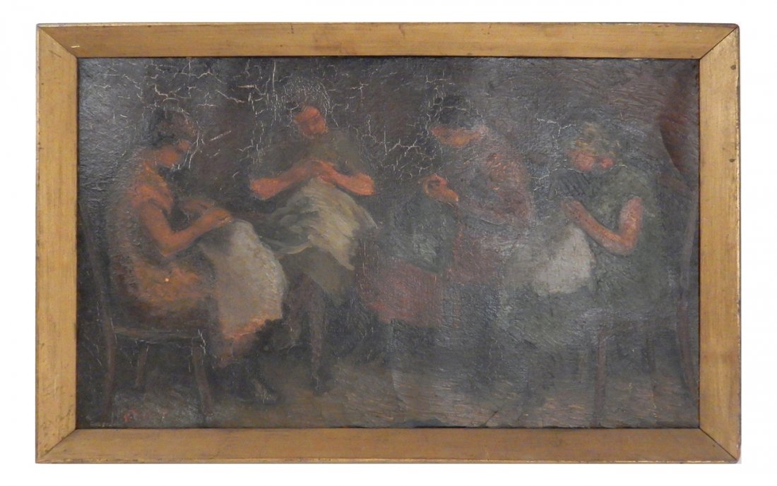 Paul Felix Vallois, Women Knitting: Four women sitting and knitting. Signed bottom left, inscribed verso. [Sight: 12 1/2" H x 21" W; Frame: 14 1/4" H x 22 3/4" W]. Craquelure and cracking throughout. Slight bulging, surface grime.