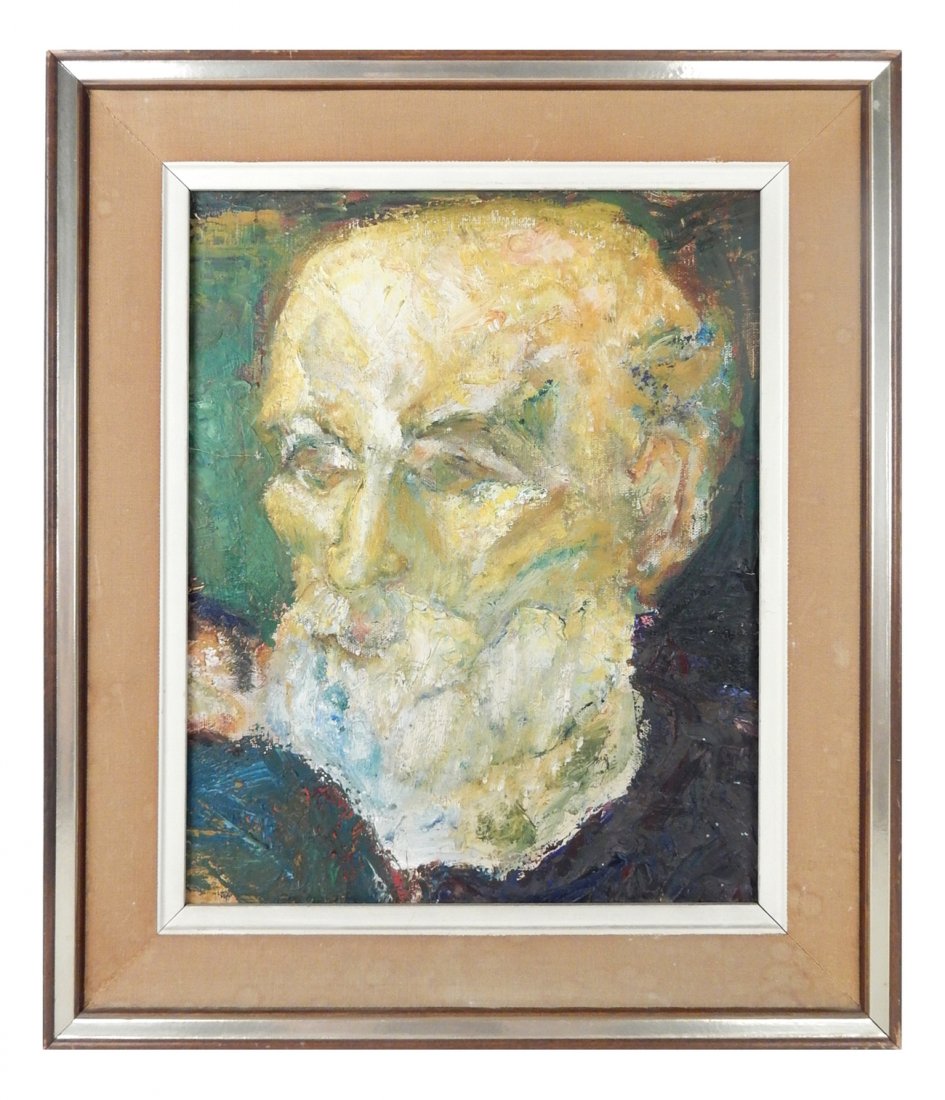 Impressionist Portrait of a Man: Oil on a canvas. Bust length 3/4 portrait profile of a bald, bearded man. [Sight: 13 1/2" H x 10 1/2" W; Frame: 18 1/2" H x 15 1/2" W]. Few surface cracks including at left center.
