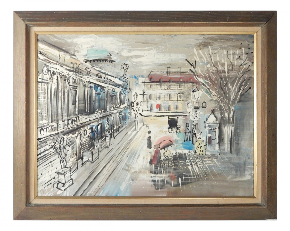 Charles Cobelle, Paris Street Scene: Oil on canvas street scene with figures and buggy. Signed lower right "Cobelle". [Art: 17 1/2" x 23 3/4"; Frame: 23" x 28 3/4"]. Soiling on areas of craquelure at top edge, and mildew stains at center