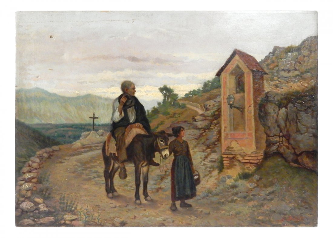 Early 20th C. "Pilgrims" Oil on Canvas: Depicting two pilgrims, one on horse back passing a checkpoint. Signed indistinctly on lower right. [Art: 28 1/4" W x 20" H]. Canvas punctured in upper left, having surface grime and soiling.